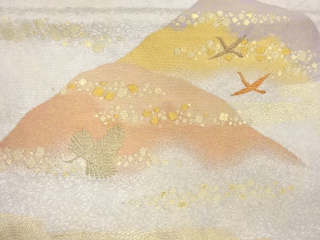  山並に色紙散らし・鳥・波模様織出し袋帯